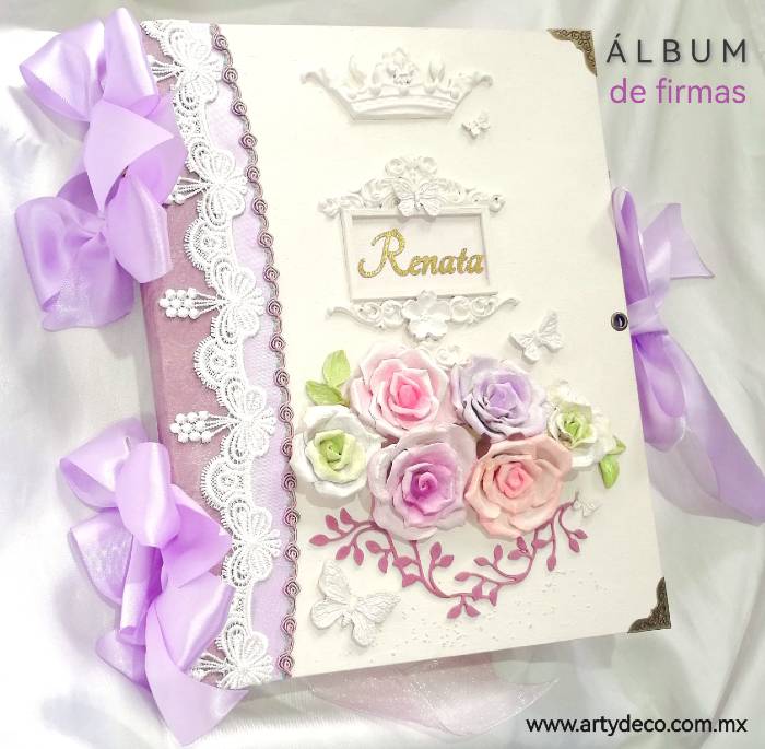 album de fotos y firmas color lila para XV años tamaño carta
